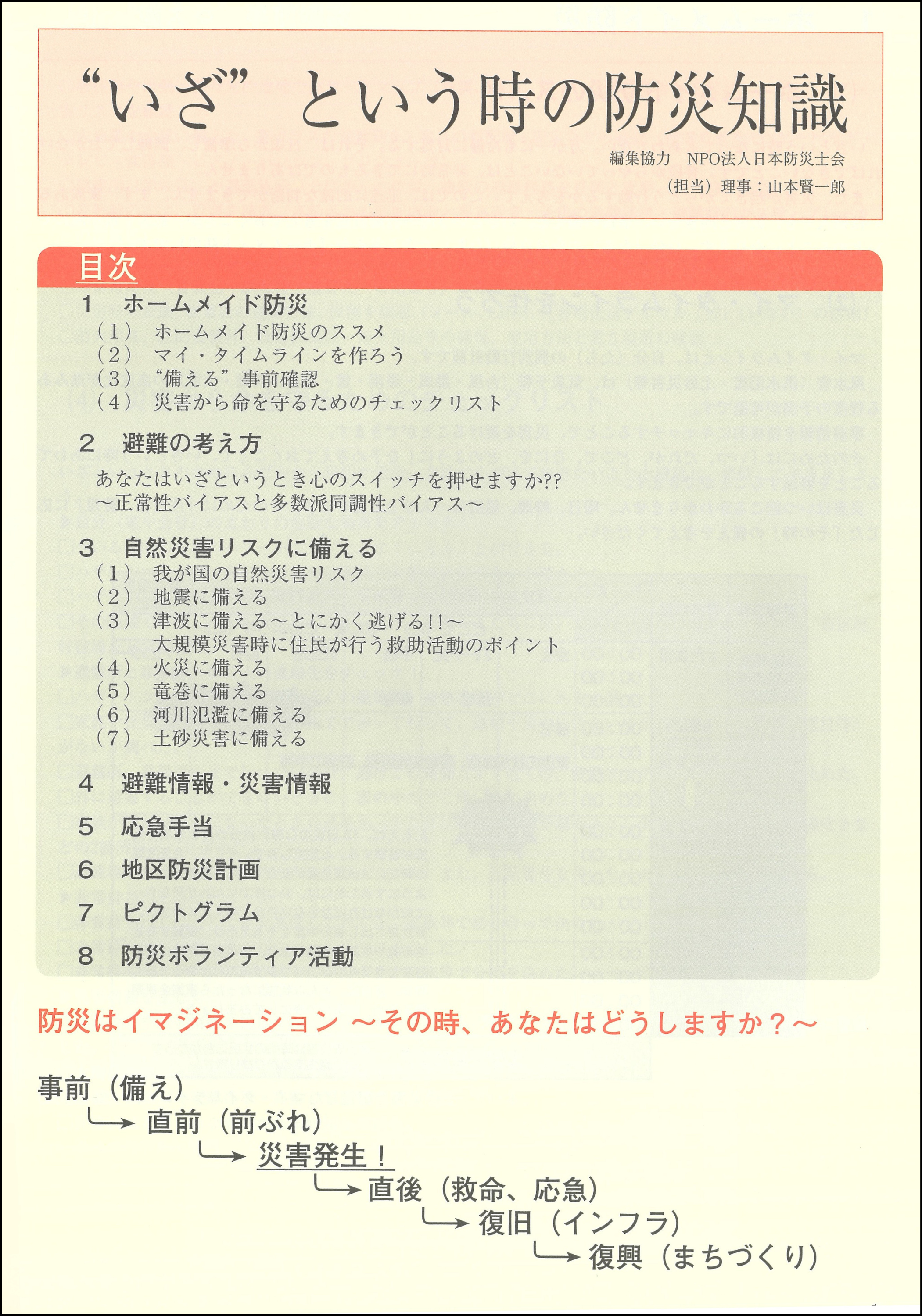 付録目次ページ。内容：１.ホームメイド防災　２.避難の考え方　３.自然災害リスクに備える　４.避難情報・災害情報　５.応急手当　６.地区防災計画　７.ピクトグラム　８.防災ボランティア活動