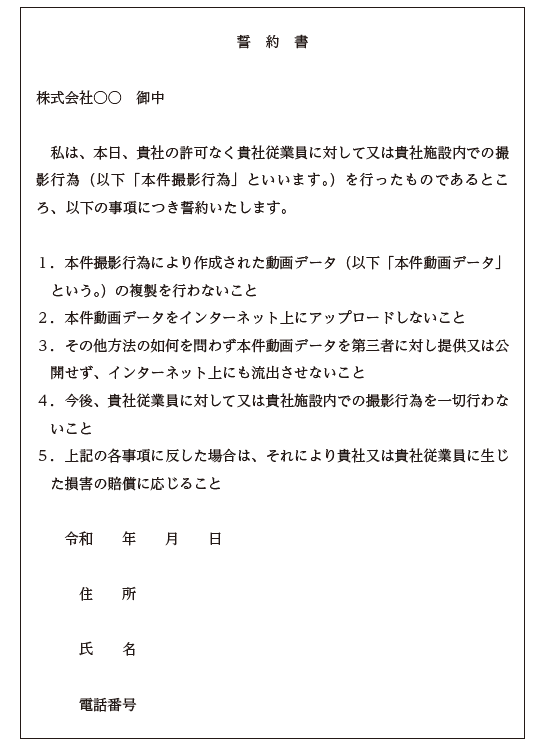 撮影行為者が消去に応じない場合の誓約書 例