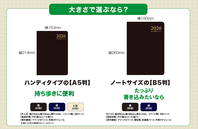 大きさで選ぶなら?『ハンディタイプの【A5判】』縦214㎜、横153㎜。持ち歩きに便利。黒(A5判)、紺(A5判)、七宝柄(A5判)。<サイズ>縦214㎜×横153㎜×厚さ11㎜<ページ数>200ページ<表紙材質>PVC製(ビニール製)※紺と七宝は透明のビニールカバー<便利機能>フリーメモページ、年間スケジュール 『ノートサイズの【B5判】』縦260㎜、横190㎜。たっぷり書き込みたいなら。黒(B5判)、紺(B5判)。<サイズ>縦260㎜×横190㎜×厚さ11㎜<ページ数>208ページ<表紙材質>PVC製(ビニール製)※紺は透明のビニールカバー<便利機能>フリーメモページ、電話帳、会議録ページ、年間スケジュール