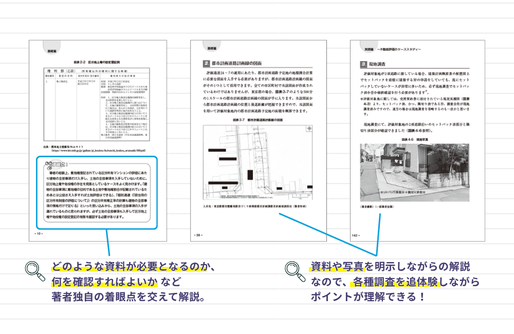 どのような資料が必要となるのか、何を確認すればよいかなど、著者独自の着眼点を交えて解説。資料や写真を明示しながらの解説なので、各種調査を追体験しながら、ポイントが理解できる！