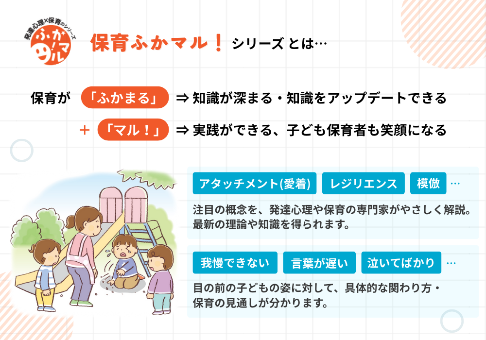 『保育ふかマル！シリーズ』とは…保育が「ふかまる」⇒知識が深まる・知識をアップデートできる＋「マル！」⇒実践ができる、子ども保育者も笑顔になる。●「アタッチメント（愛着）」「レジリエンス」「模倣」…注目の概念を、発達心理や保育の専門家がやさしく解説。最新の理論や知識を得られます。●「我慢できない」「言葉が遅い」「泣いてばかり」…目の前の子どもの姿に対して、具体的な関わり方・保育の見通しが分かります。